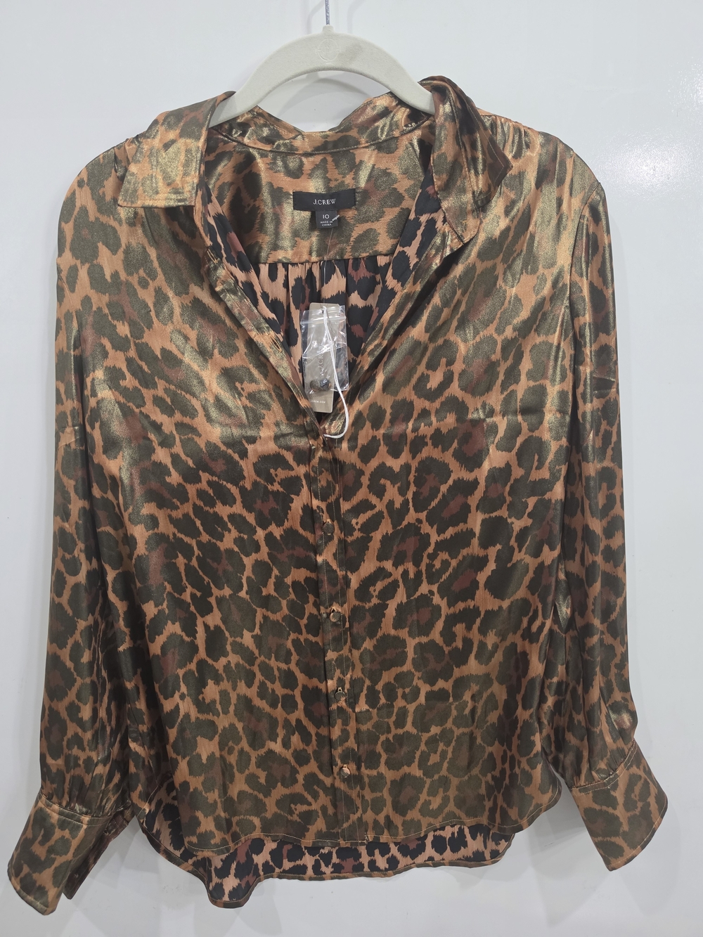 J. Crew Leopard Satin Button-Down Blouse in Brown and Black